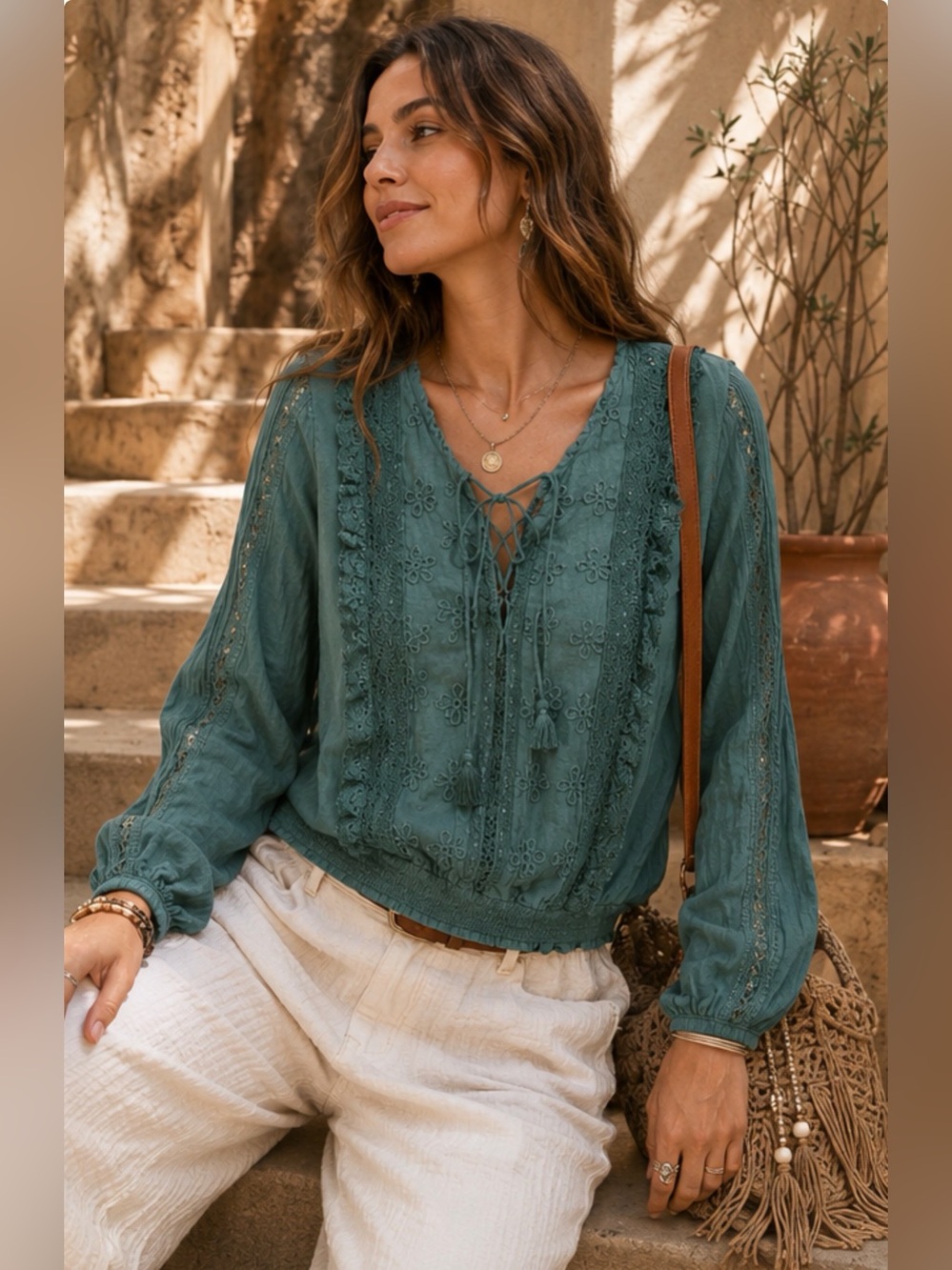 American Eagle Olive Green Embroidered Lace Tassel Boho Peasant Blouse Large